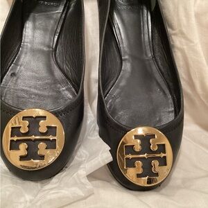 Tory Burch Black Flats with Gold Logo